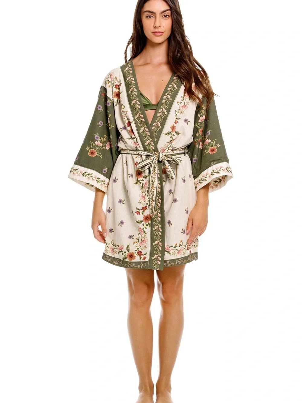 Green Floral Satin Kimono,M/L